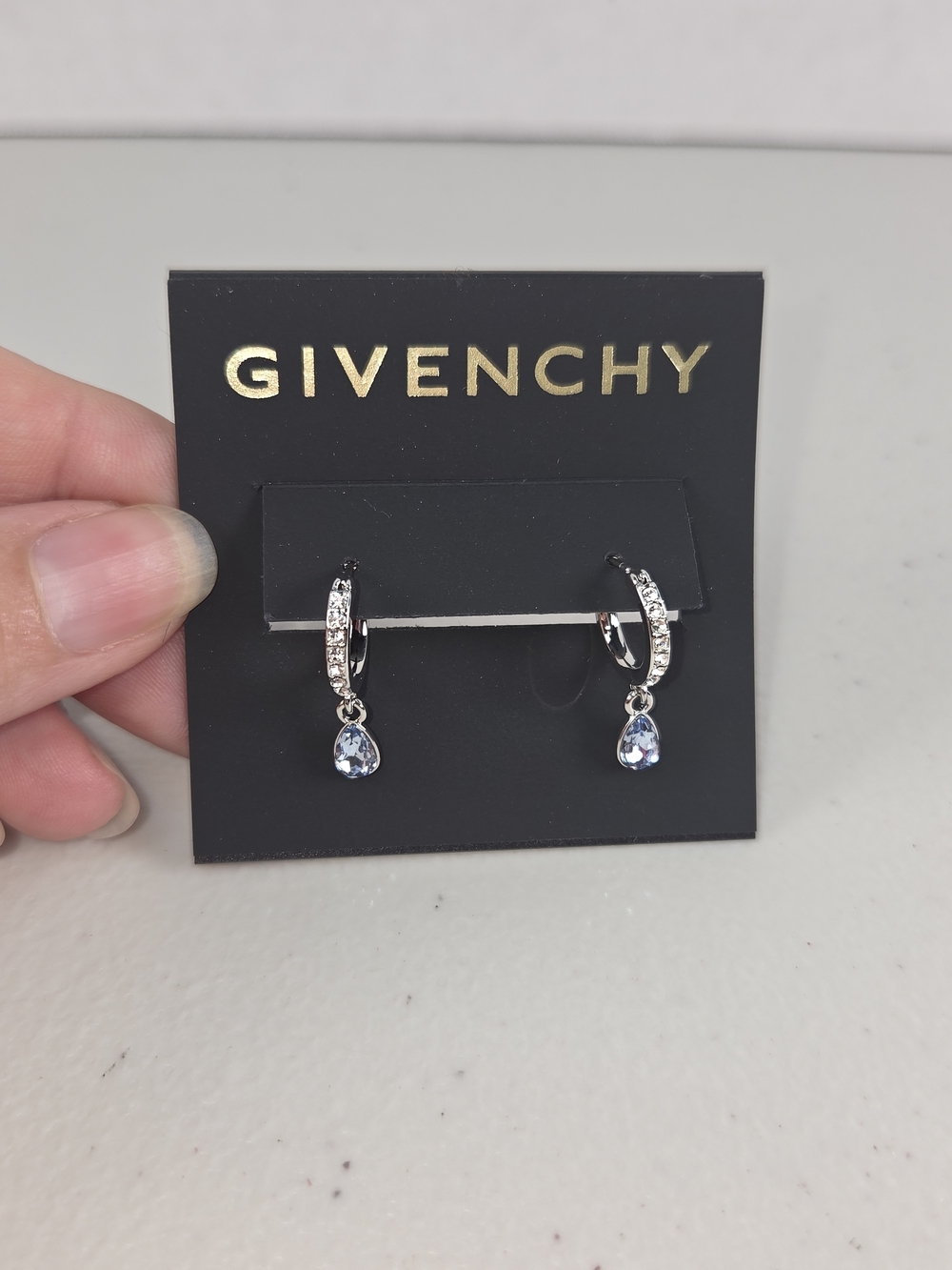NWT Givenchy Silver Hoop Earrings with Light Blue Teardrop Stones